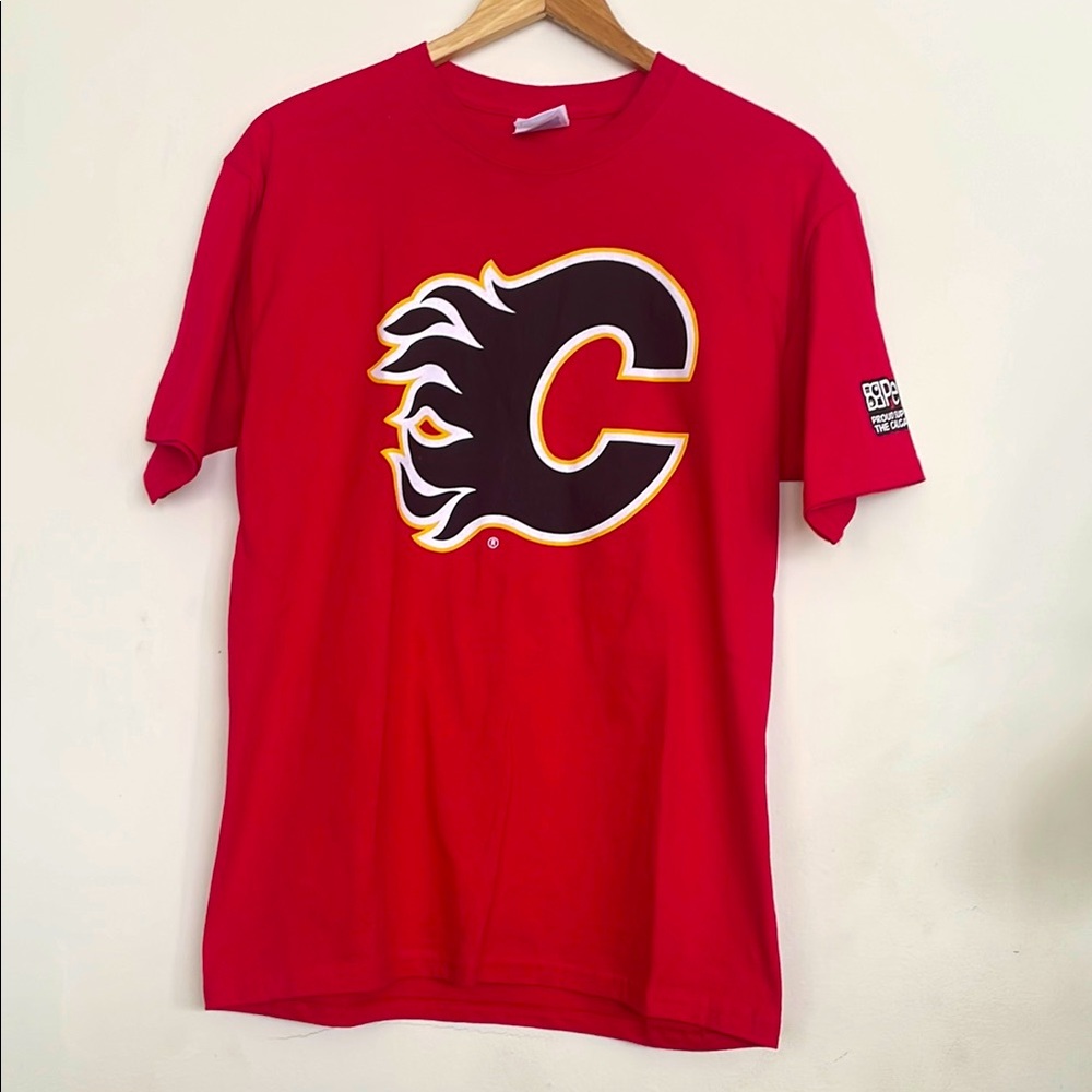 Calgary Flames Red T-Shirt with Harvey the Hound Mascot